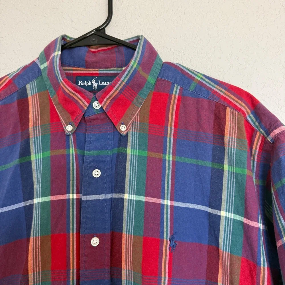 Polo Ralph Lauren Blake Mens Large Short Sleeve Plaid Button Down Shirt Blue Red
